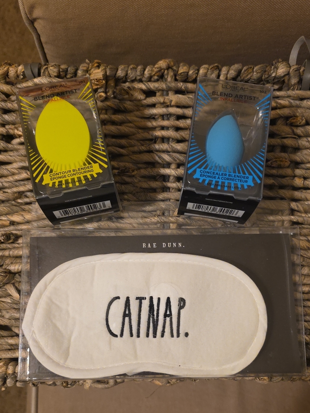 Rae Dunn White Sleep Mask with Black "CATNAP." Text & Makeup Sponges